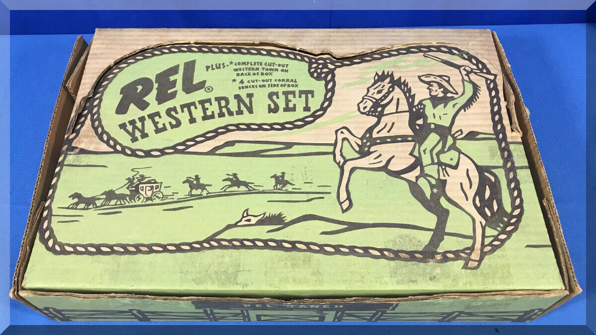1960S REL WESTERN SET STAGECOACH HORSES COWBOYS SADDLES FENCE CUTOUT TOWN & BOX