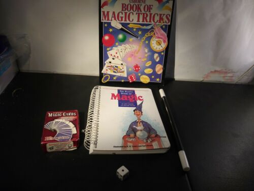 Various Magic Kit Items, Wand, 2 Magic Books, Cards, Etc