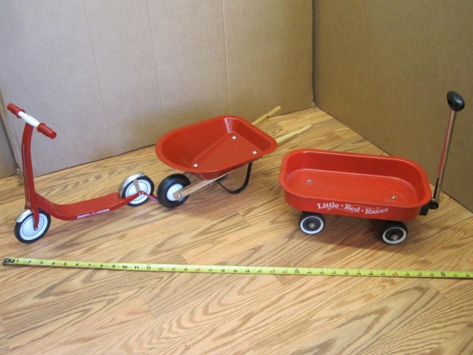 LOT OF 3 RADIO FLYER MIN SCOOTER WHEELBARROW AND A LITTLE RED RACER WAGON