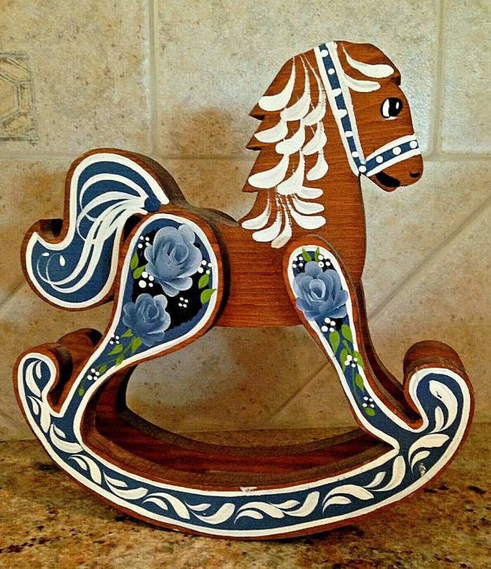 Vintage Hand-Painted Blue & White Flowers Wooden Rocking Horse