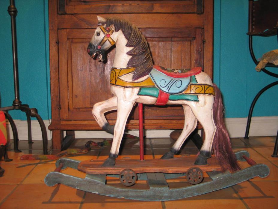 WONDERFUL LARGE ANTIQUE 1930's ALL ORIGINAL PAINTED WOOD ROCKING RIDING HORSE