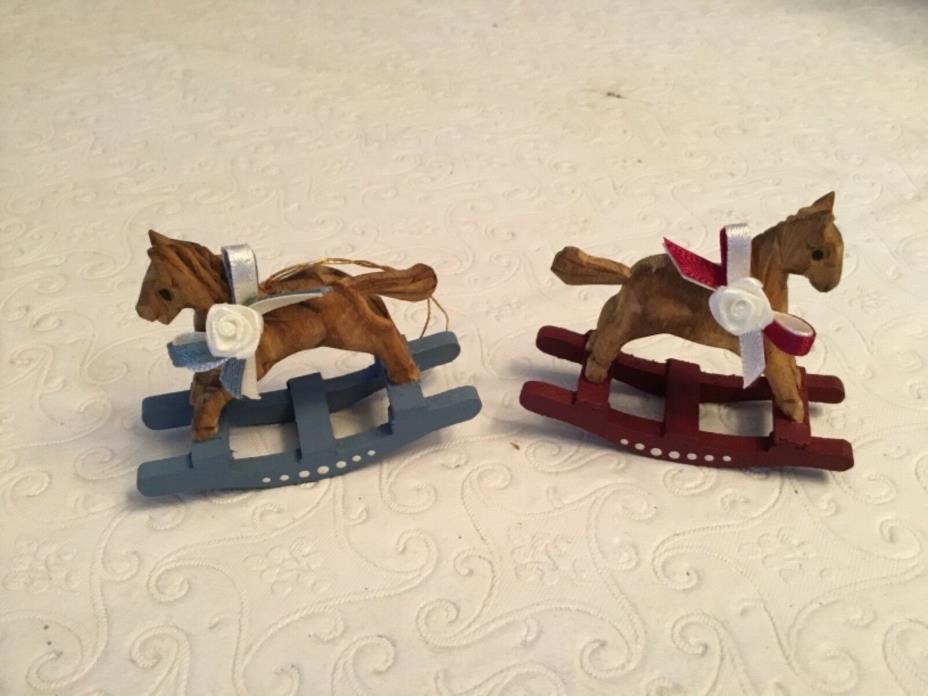 Two Hand Carved Crafted Wooden Miniature Rocking Horses