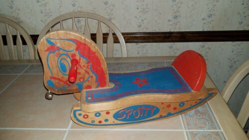 Vintage 50s 60s Wood Wooden Spotty Rocking Horse w/ Bell Baby Toy