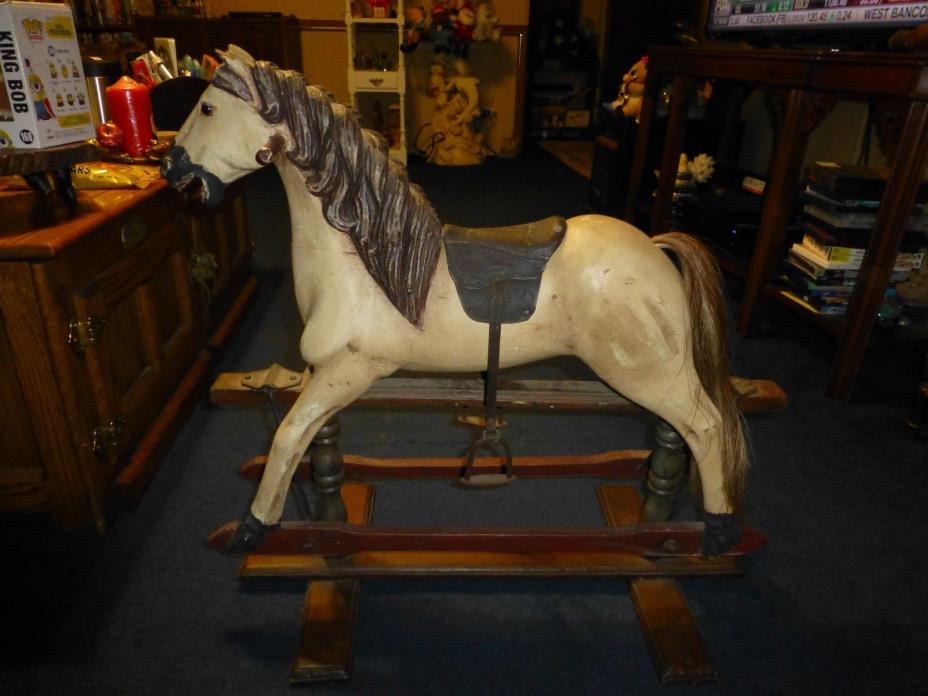Antique Hand Carved and Painted Glider Rocking Horse, Leather Saddle, Horse Hair