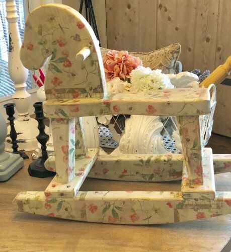 Shabby Chic Wood Rocking Horse Aged Floral Design 19 1/2” Tall X 22” Long