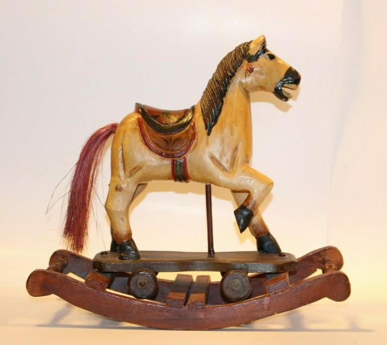 Antique Toy Rocking Horse Hand Carved Painted Wood Vintage 12