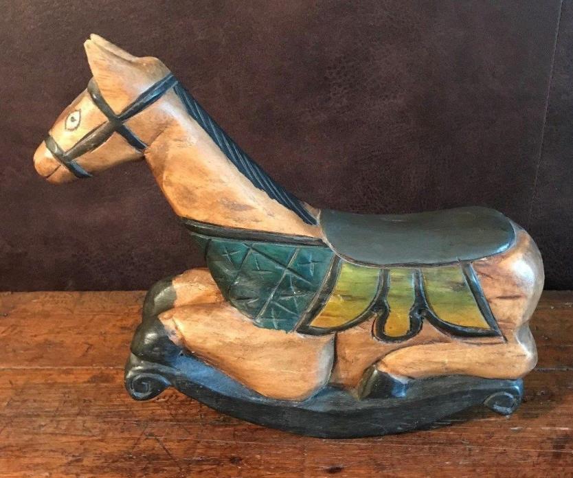 Vintage Wooden Rocking Horse, Hand Carved Folk Art