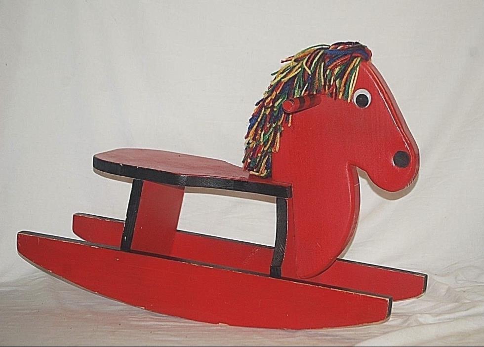 Classic Whimsical Wooden Red Rocking Horse Pony w Multi-Colored Mane Child's Toy