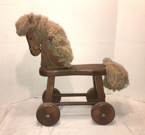 Vintage Antique Wooden Rocking Horse On Wheels Childs Wooden Horse 24”
