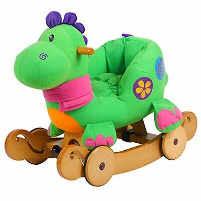 Child Rocking Horse Toy, Stuffed Dinosaur Ride On Toy, 2 1 Green With Wheel Kid
