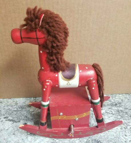 Antique Rocking Horse Music Box Folk Art Hand Carved Solid Wood Rock A Bye Baby