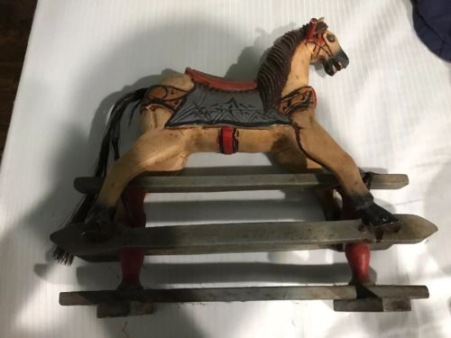 Antique Carved Wooden Glider Rocking Horse, Real Horse Hair & Painted Saddle!