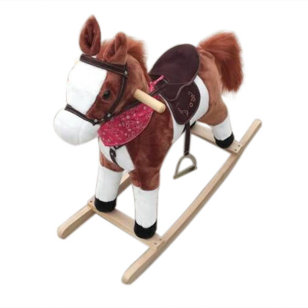 Kids Plush Ride On Pony Rocking Horse Wooden Toy with Neigh Sound