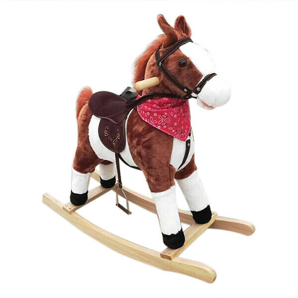 Baby Kids Toy Plush Wooden Rocking Horse Boy Riding Rocker with Sounds Brown