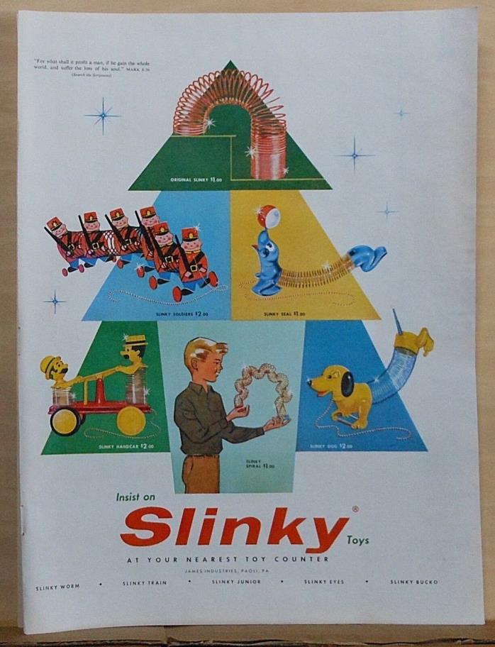 1957 magazine ad for Slinky - Slinky Seal, Dog, Handcar, Soldiers, Spiral, Xmas