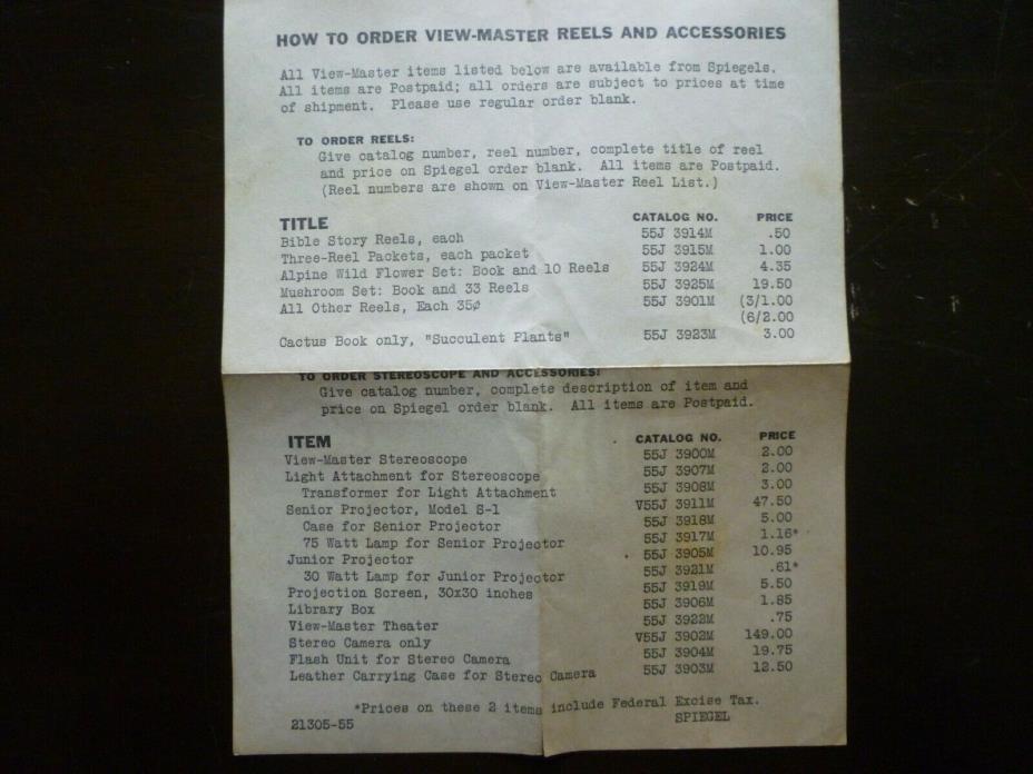 Vintage View Master Reels and Accessories Order Form (Spiegels)
