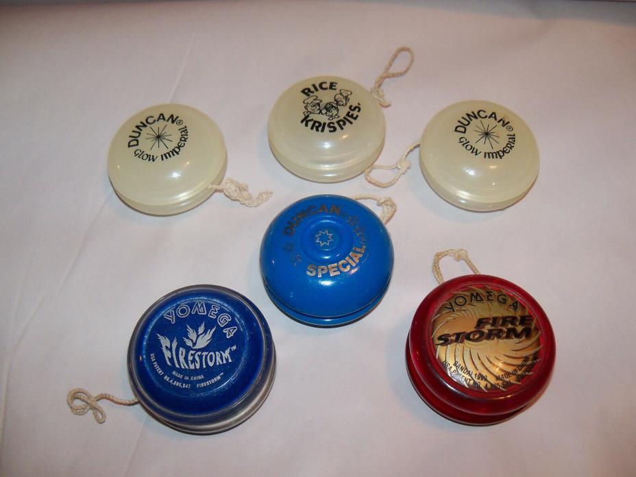 6 Vintage Toy Yo-Yo's Lot DUNCAN Glow Imperial Special YOMEGA Firestorm