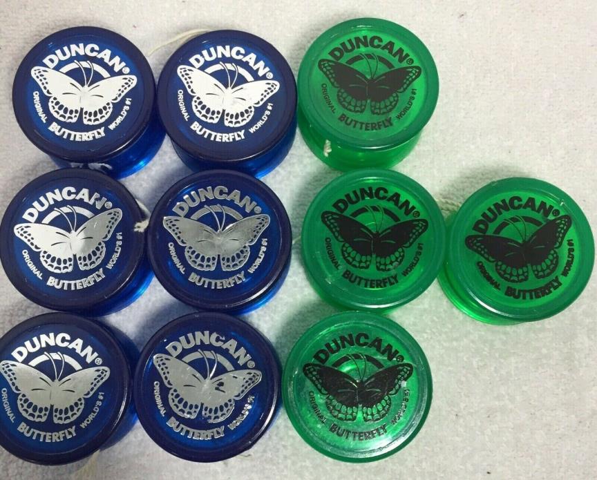 Large Lot of 10 Vintage Yoyos, Original Duncan Butterfly, 6 Blue and 4 Green