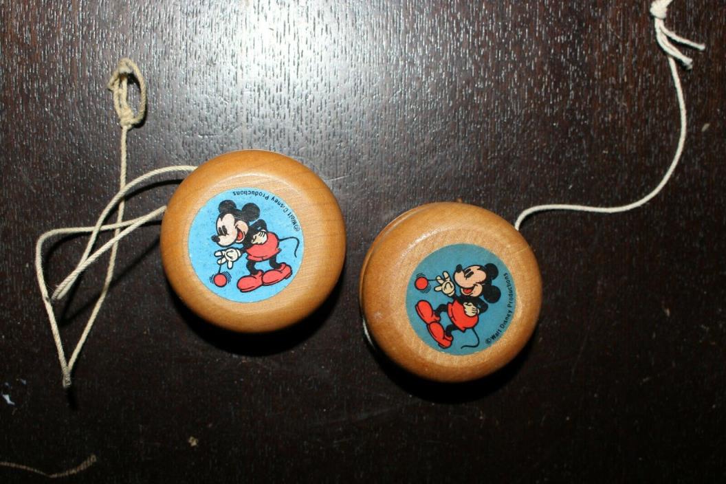 Vintage 1970s WALT DISNEY Mickey Mouse Wood YO-YO Toy LOT of 2