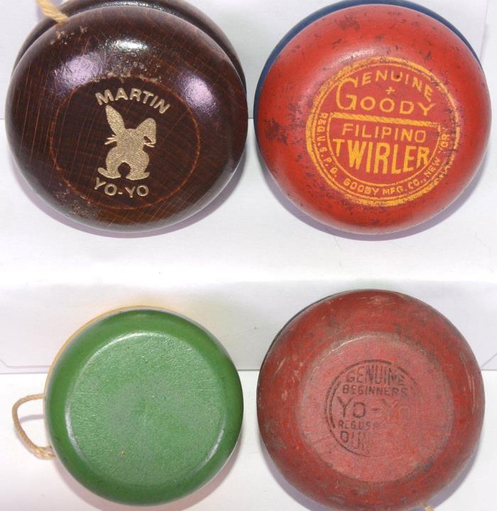 Lot (4) Vintage Wood Yo-Yo Bunny MARTIN, DUNCAN Beginner, GOODY Filipino Twirler