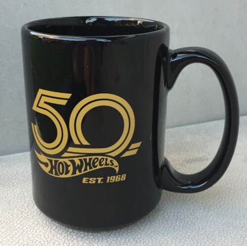 2018 Hot Wheels 50th Anniversary Black Coffee Cup / Mug. ? 4 1/2 ” Tall - New