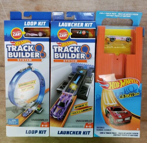 HOT WHEELS Lot of 3 Track Builder System Launcher and Loop + Car/Track Pack NEW!