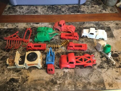 Vintage Lot Of Plastic Toy Vehicles Parts Trucks, Farm Parts,Cement Mixer