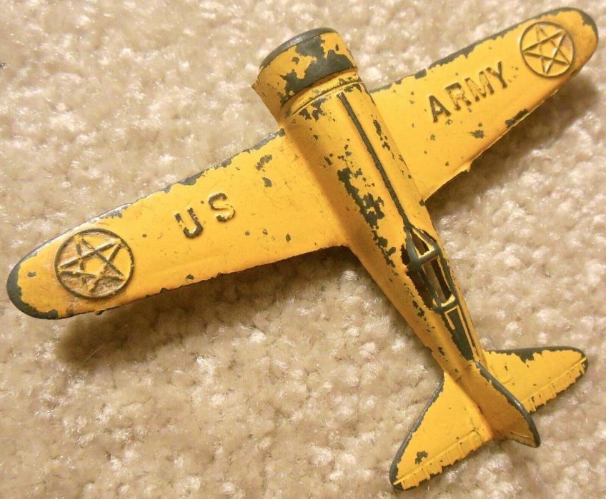 Vintage 1930s TootsieToy - Yellow US ARMY Metal Toy Airplane - All Original