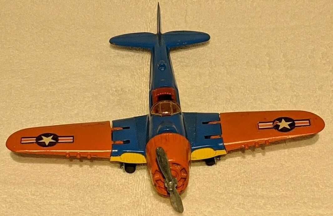 1950s VINTAGE WWII HUBLEY KIDDIE TOY Military Airplane # 495 orange/blue/yellow