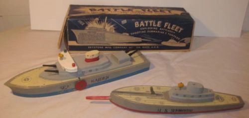 Old Keystone Wooden Exploding Battleship w/attack Submarine Military Toy in BOX