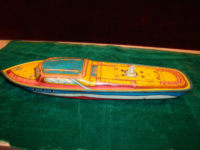 Vintage Tin Toy Speed Boat C.1950 Graphics good 14