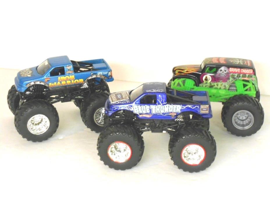 Hot Wheels Monster Jam Truck Lot of 3 Grave Digger, Iron Warrior, Blue Thunder