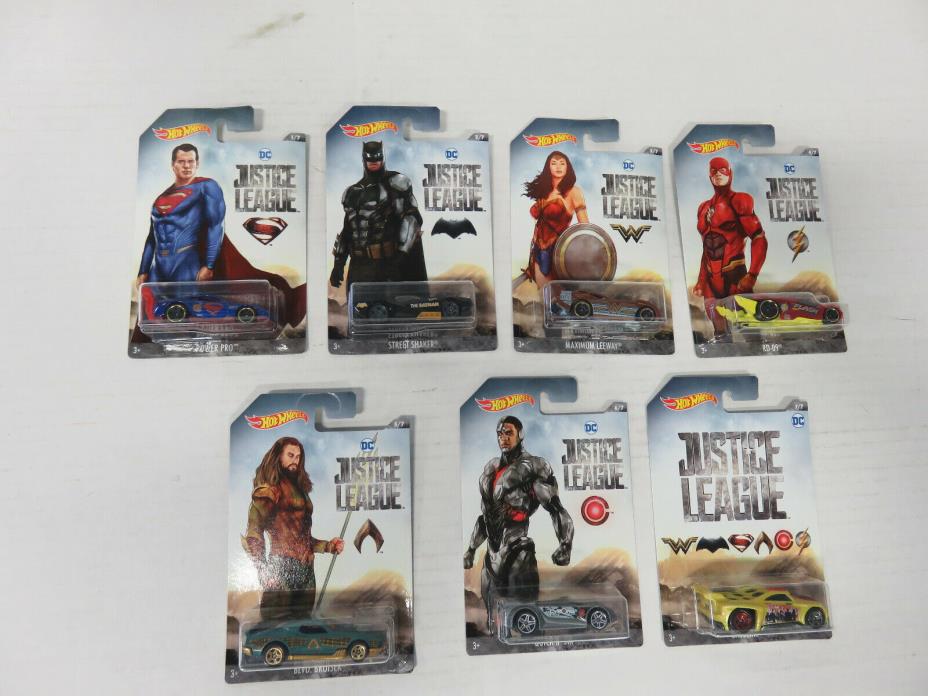 COMPLETE SET of 7 JUSTICE LEAGUE Hot Wheels Cars - NEW IN PACKAGE! (2017) Mattel