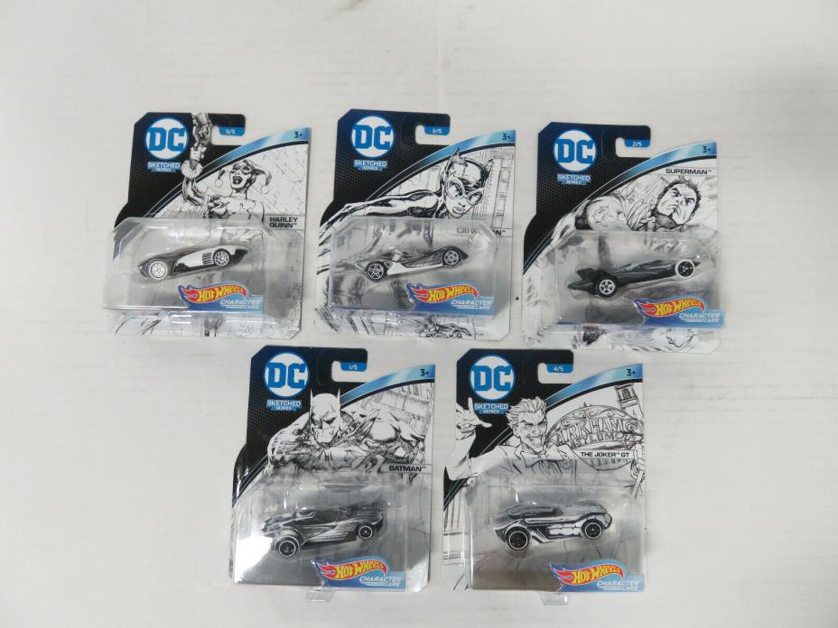 COMPLETE SET of 5 DC Sketched Series Hot Wheels Cars - NEW IN PACKAGE! (2017)