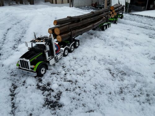 1/50 custom peterbilt 367 tri axle log truck semi w/ pup trailer lime black