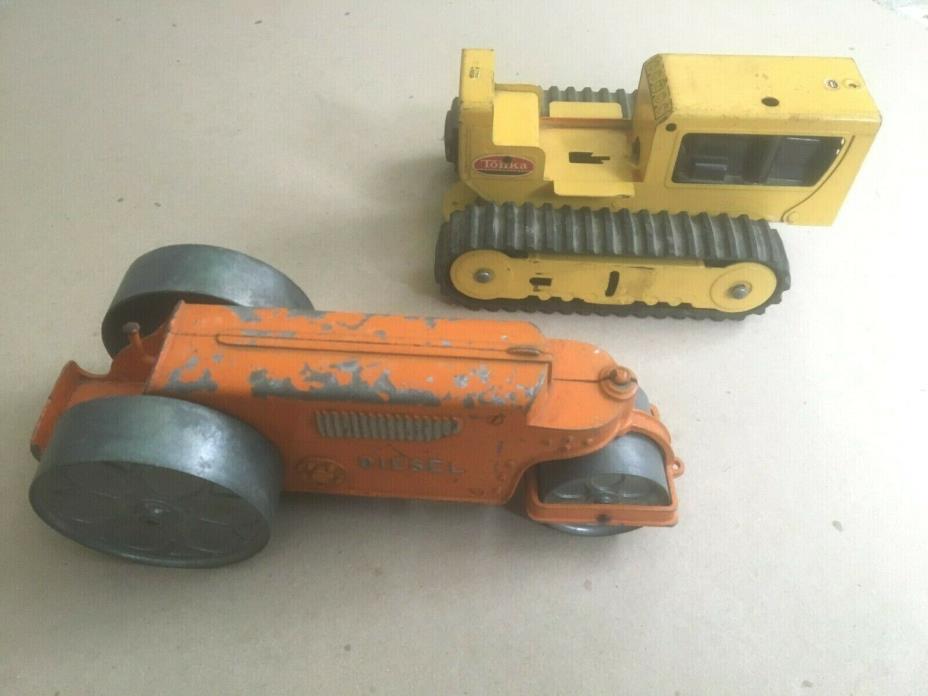 Vintage Metal Toys Hubley Diesel Steam Roller 400 & Yellow Tonka Bulldozer 300
