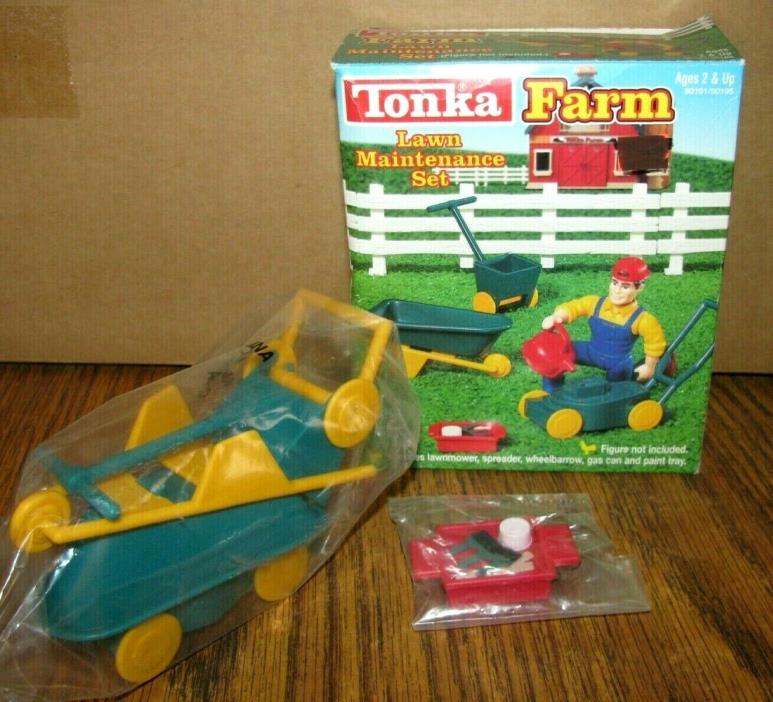*Tonka Farm Lawn Maintenance Preschool Toy Set 1995 Mower Wheelbarrow, Spreader
