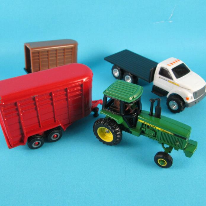 Ertl 1/64 LOT Red Horse Trailer, Flatbed Truck, Brown Horse Trailer + Tractor