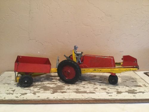 Vintage Aluminum Slik Tractor W/ Man, Bucket, And Trailer Set Rare