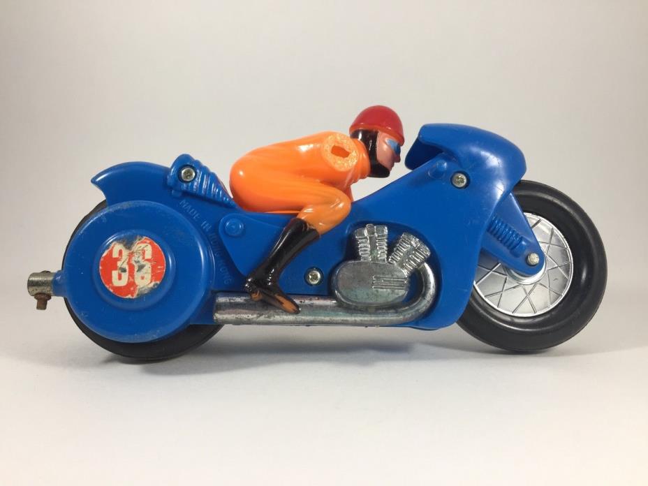 Vintage Cafe Racer Motorcycle and Rider Plastic Toy Blue and Orange - Flaws