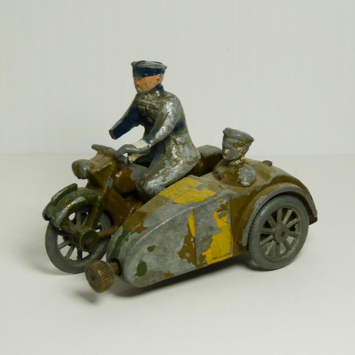 Vintage EEBEE Policeman Wind up Lead motorcycle with sidecar