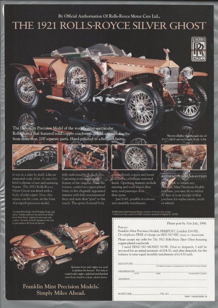 1996 Franklin Mint advertisement for 1921 ROLLS-ROYCE SILVER GHOST model, Britis