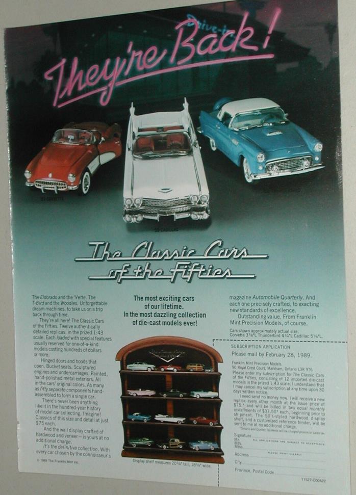 1988 Franklin Mint advertisement, 1:43 CLASSIC CARS OF THE FIFTIES set Canadian