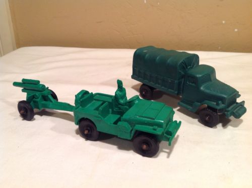Vintage Auburn Rubber Toy Army Jeep W/Cannon And Troup Hauler Truck