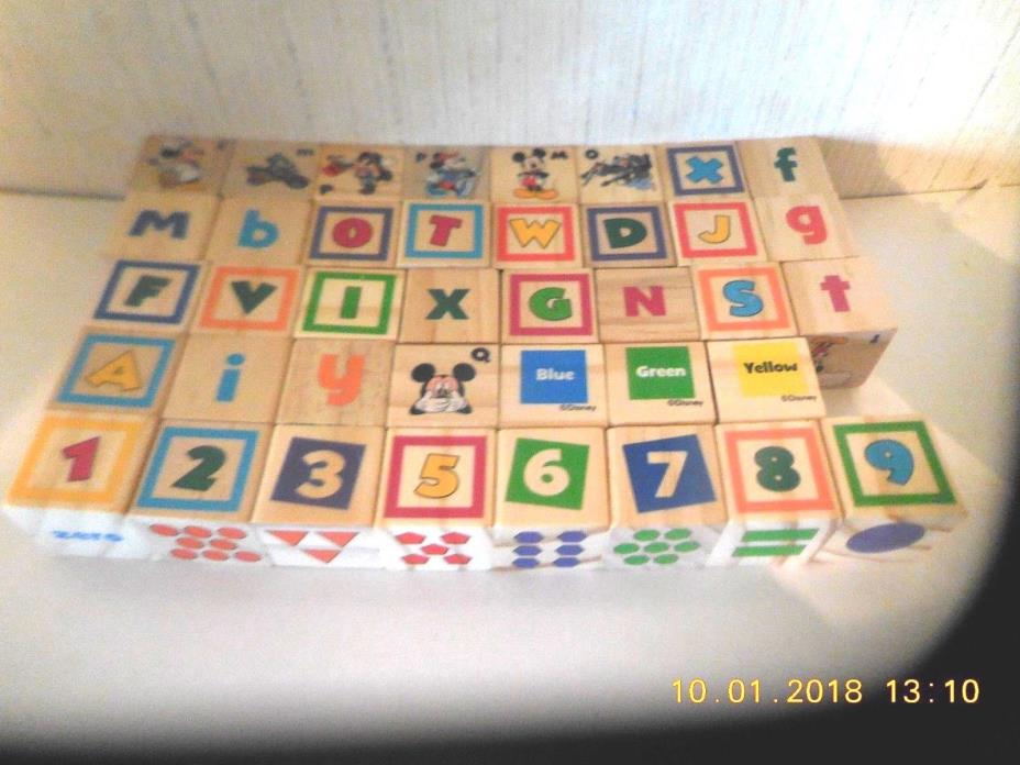 Lot of 39 Disney Wooden Blocks Letters/Numbers/Pictures/Colors (Not complete set