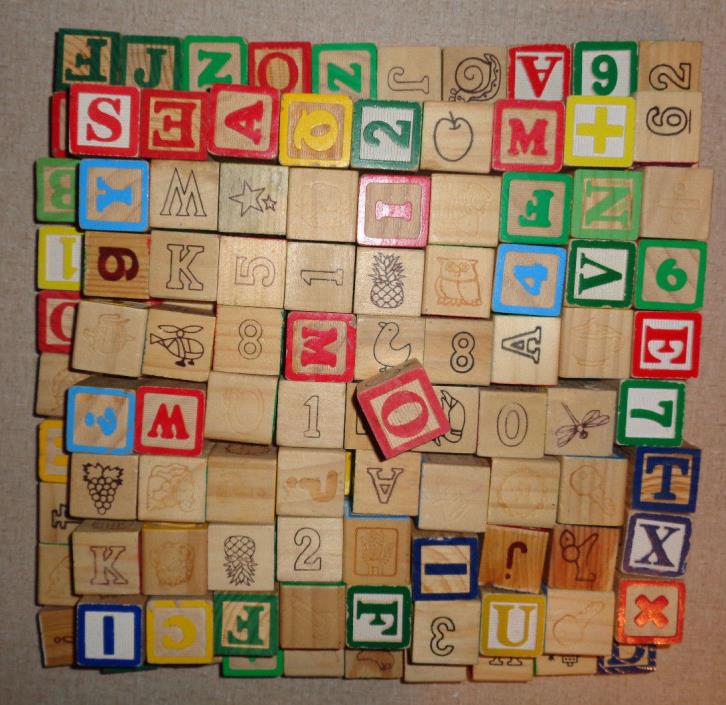 173 Wooden Building Blocks ABC Alphabet Numbers Pictures 3cm 1 3/8