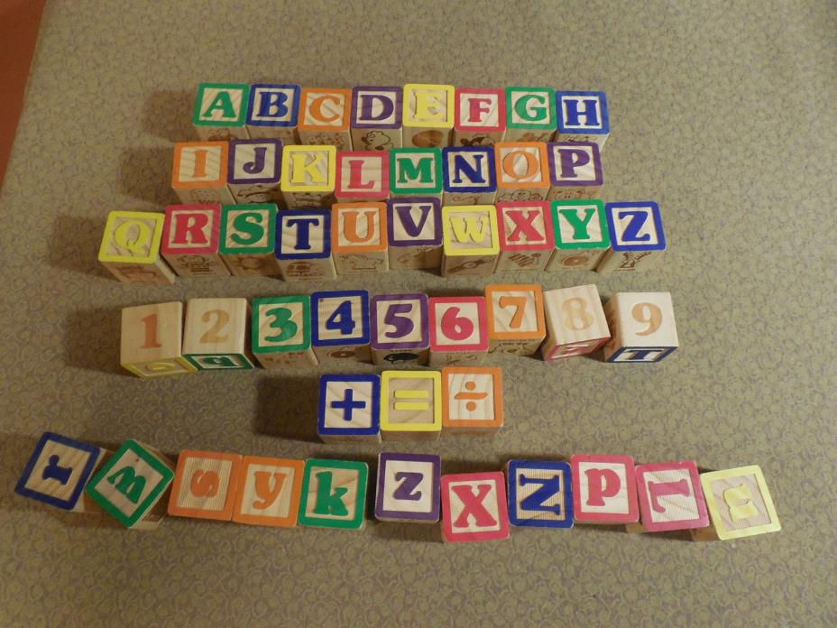49 Child's Wooden Blocks Complete Alphabet w Extras Numbers Pictures 1 3/4