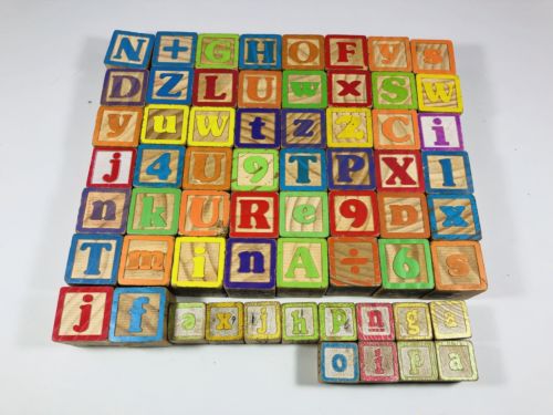 Vintage Wood Blocks Lot of 62 Alphabet Numbers Pictures 1 3/4” & 1 1/4”