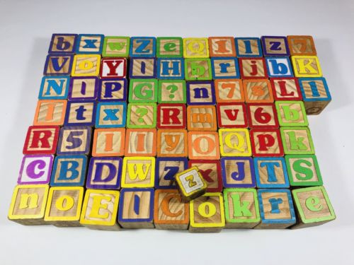 Vintage Wood Blocks Lot of 67 Alphabet Letters Numbers Pictures 1 3/4”