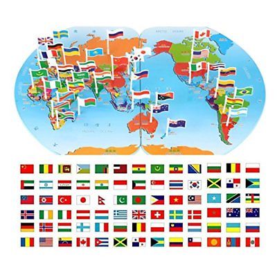 Children Wooden Puzzle World Map Flag Matching Puzzle Toy Kids Geography Jigsaw